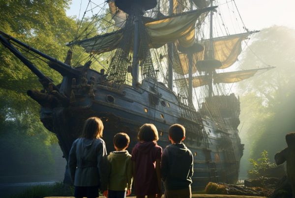 Kids looking at virtual pirate ship